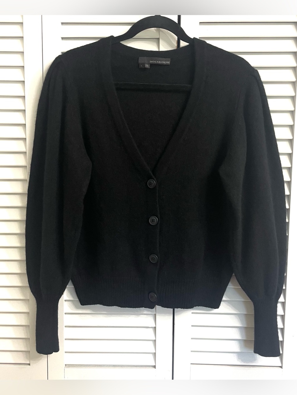 360 Cashmere Womens Black V-Neck Button Front Cardigan Sweater Balloon Sleeve L